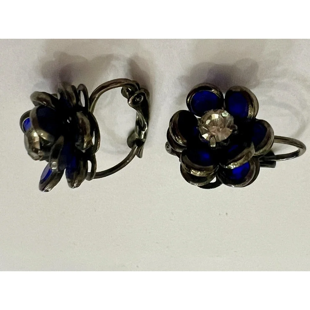 Vintage Cobalt Blue Glass‎ Floral Clip On Earrings Art Deco Rhinestone Flower